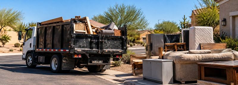 Loaded haul truck parked at the curb beside a sofa, a mattress, old appliances and other furniture
