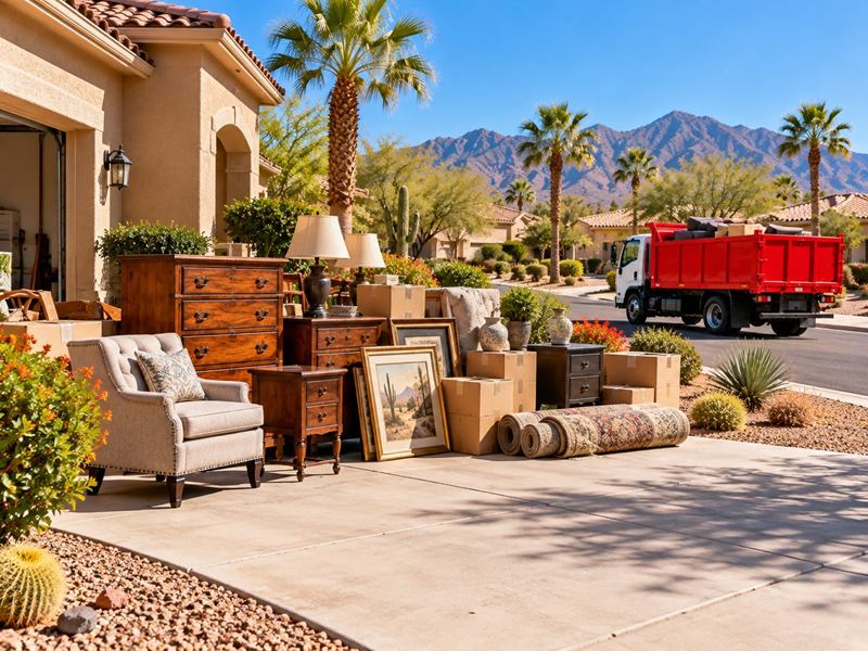 Dressers, lamps, framed pictures, rolled rugs and boxes gathered on a driveway