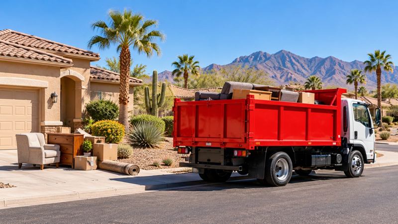 Red dump truck loaded with furniture and boxes, parked outside a stucco house