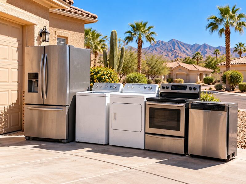 Refrigerator, washer, dryer, range and dishwasher lined up on a driveway