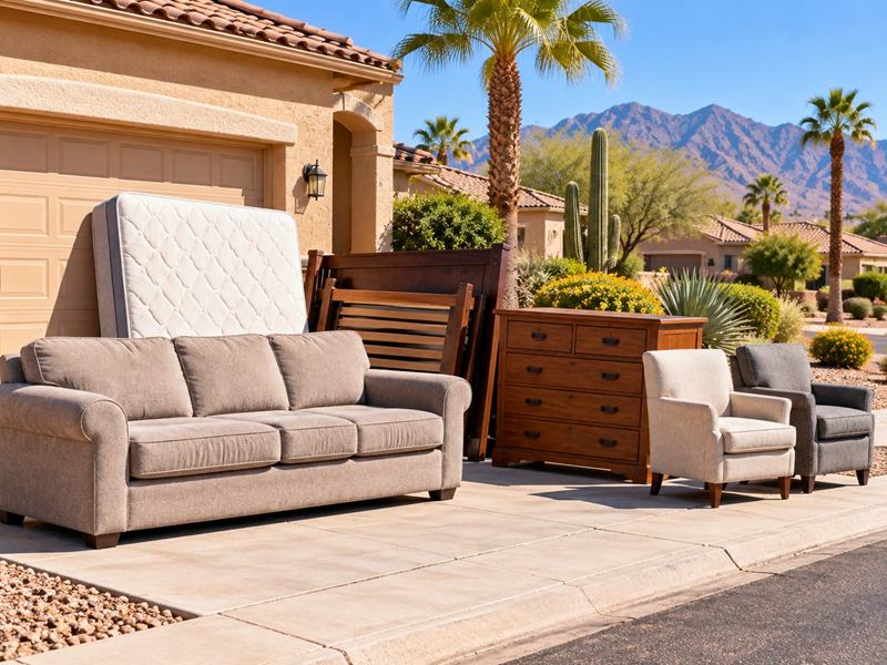 Sofa, mattress, bed frame, dresser and two armchairs set out beside a driveway